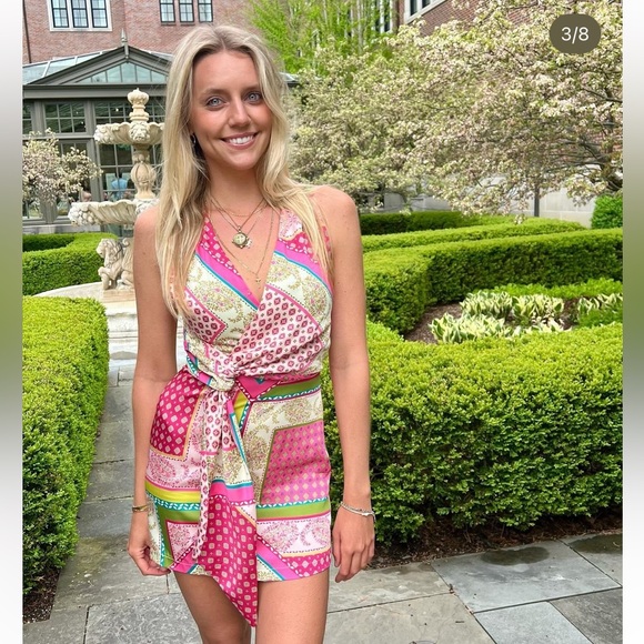 ZARA PATCHWORK PRINT DRESS MINI XS PINK GREEN PATTERNED SILK EFFECT 3253/221 - Picture 8 of 13